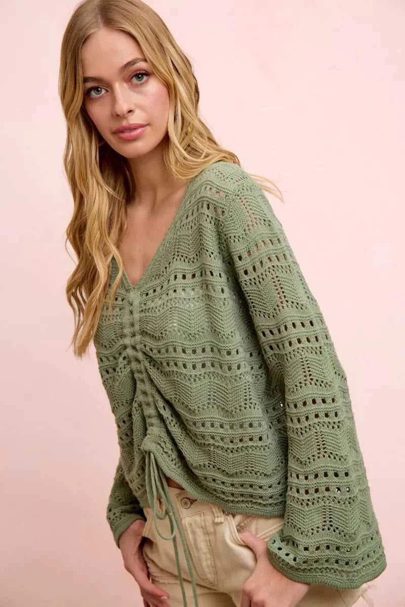 BiBi Pointelle Knit V Neck Ruched Front Lightweight Top 100100962711230 42 Affordable Fashion Under $100 Jerry's Apparel 