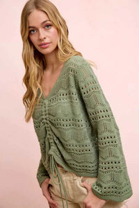 BiBi Pointelle Knit V Neck Ruched Front Lightweight Top 100100962711230 42 Affordable Fashion Under $100 Jerry's Apparel 