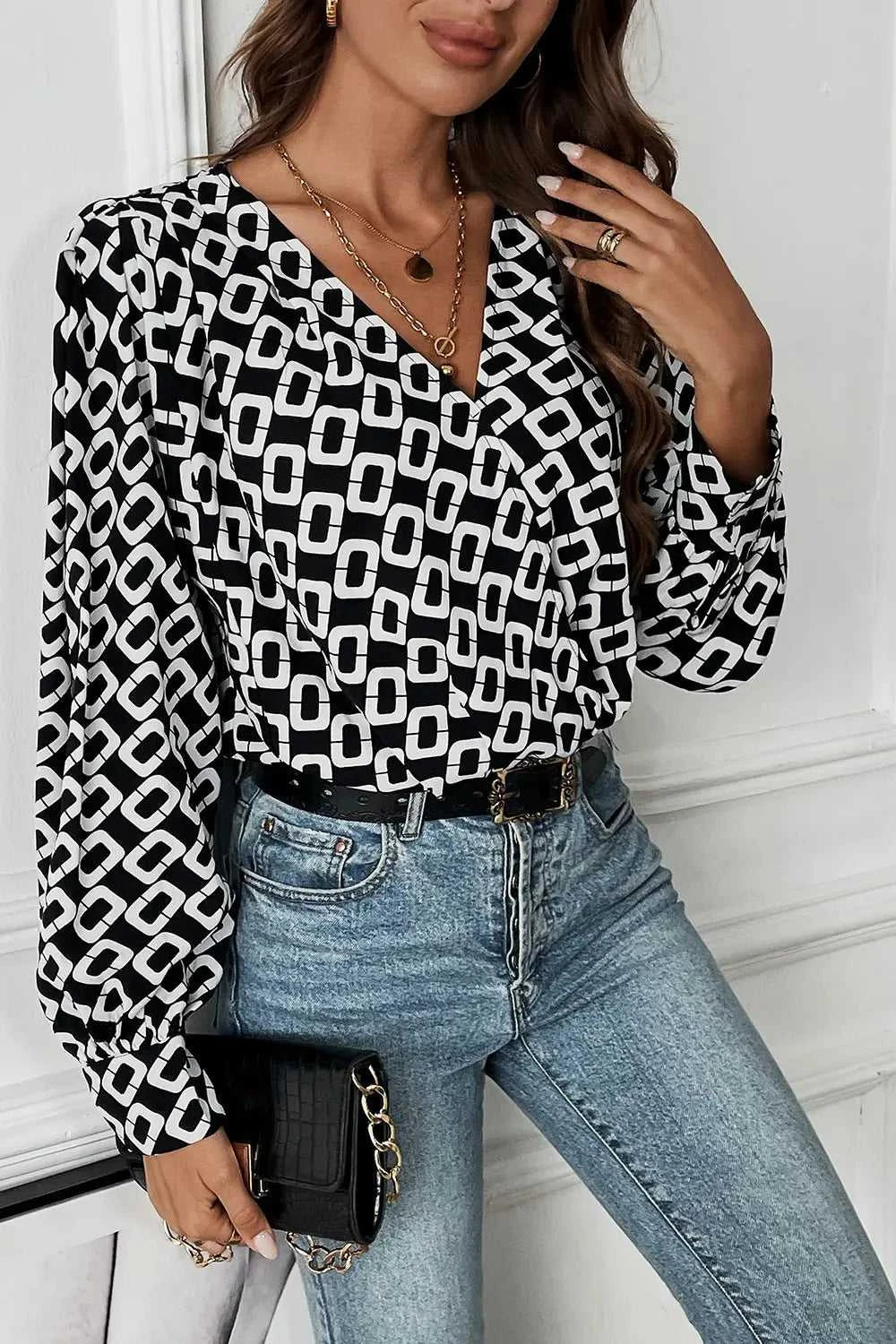 Perfee Geometric V-Neck Long Sleeve Blouse 100101658501768 32 Affordable Fashion Under $100 Jerry's Apparel 