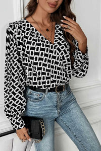 Perfee Geometric V-Neck Long Sleeve Blouse 100101658501768 32 Affordable Fashion Under $100 Jerry's Apparel 