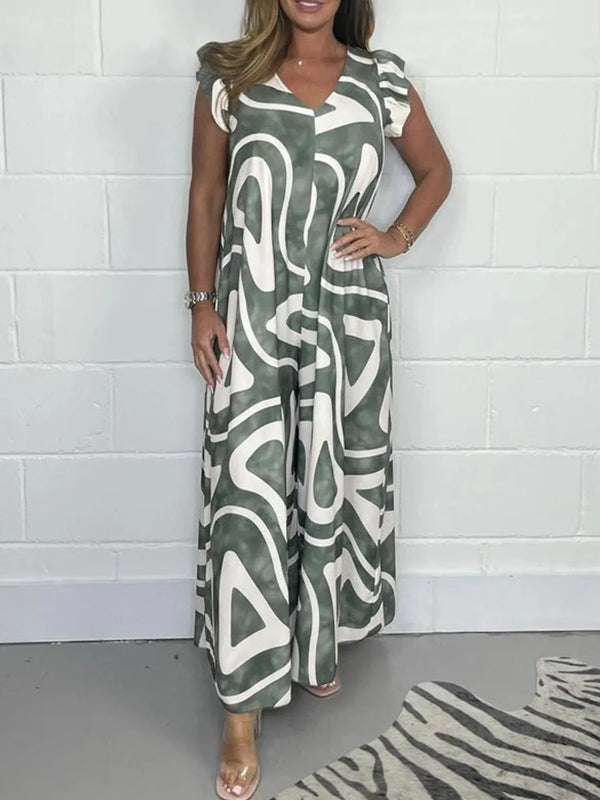 Full Size Printed Wide-Leg Jumpsuit with Flutter Sleeves Plus Size