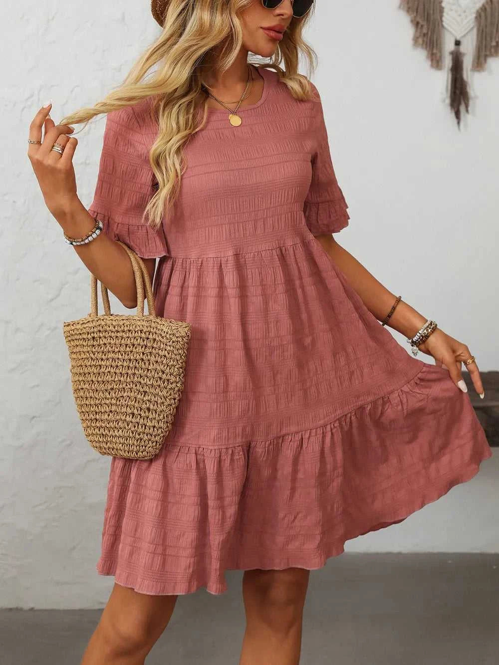 Mandy Ruffled Ruched Round Neck Half Sleeve Dress 100100796041903 25 Affordable Fashion Under $100 Jerry's Apparel 