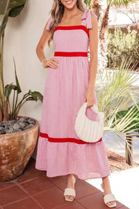 Stripe Bow Knot Straps Contrast Trim High Waist Ruffle Hem Maxi Dress 100100480806039 52 Gifts for Her Jerry's Apparel 