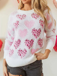 Heart Leopard Pearled Ribbed Trim Fuzzy Sweater 100100337623504 69 Affordable Fashion Under $100 Jerry's Apparel 