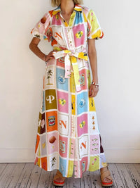 Colorful Print Tie Waist Maxi Shirt Dress