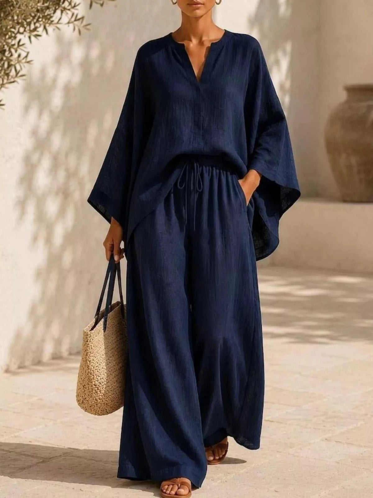 Full Size Notched Long Sleeve Top and Wide-Leg Pants Set Plus Size 100100051091822 45 Affordable Fashion Under $100 Jerry's Apparel 