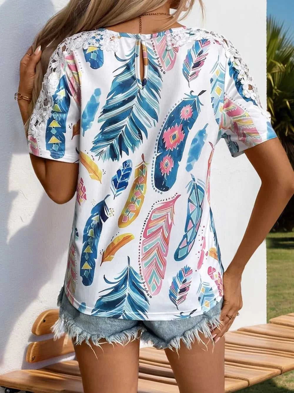 Perfee Printed Round Neck Lace Short Sleeve Top 100100723081664 24 Affordable Fashion Under $100 Jerry's Apparel 