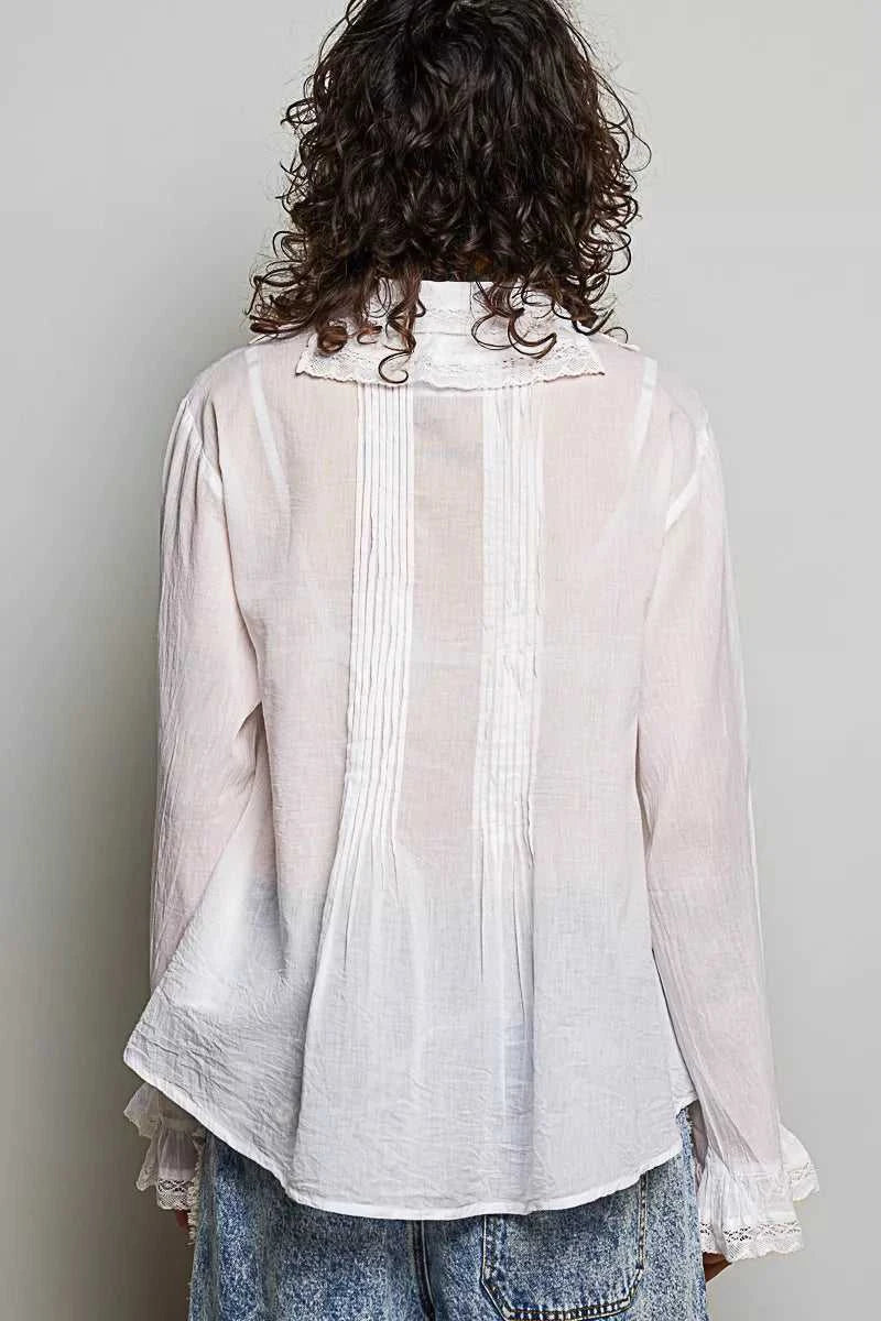 POL Woven Lace Trim Pintuck Button-Down Shirt 100100784961327 66 Affordable Fashion Under $100 Jerry's Apparel 