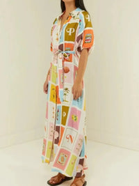 Colorful Print Tie Waist Maxi Shirt Dress