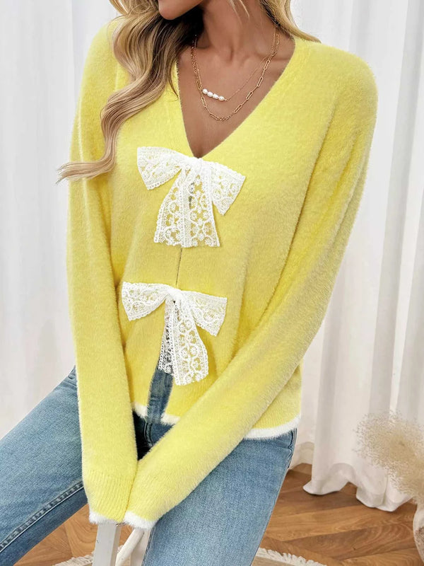 Lace Bow-Tie Front Long Sleeve Cardigan 100100174322844 64 Women's Sweaters and Knitwear Jerry's Apparel 