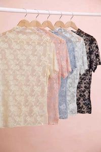 BiBi High Neckline Short Sleeves Bow Pattern Mesh Top 100100195641471 30 Affordable Fashion Under $100 Jerry's Apparel 
