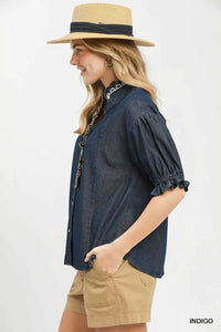 Umgee Chambray Scalloped Trim Button Front Blouse 100100735061175 57 Affordable Fashion Under $100 Jerry's Apparel 