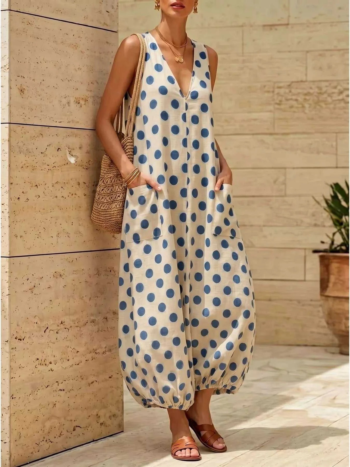 Polka Dot V-Neck Sleeveless Maxi Dress 100100165046334 32 Gifts for Her Jerry's Apparel 