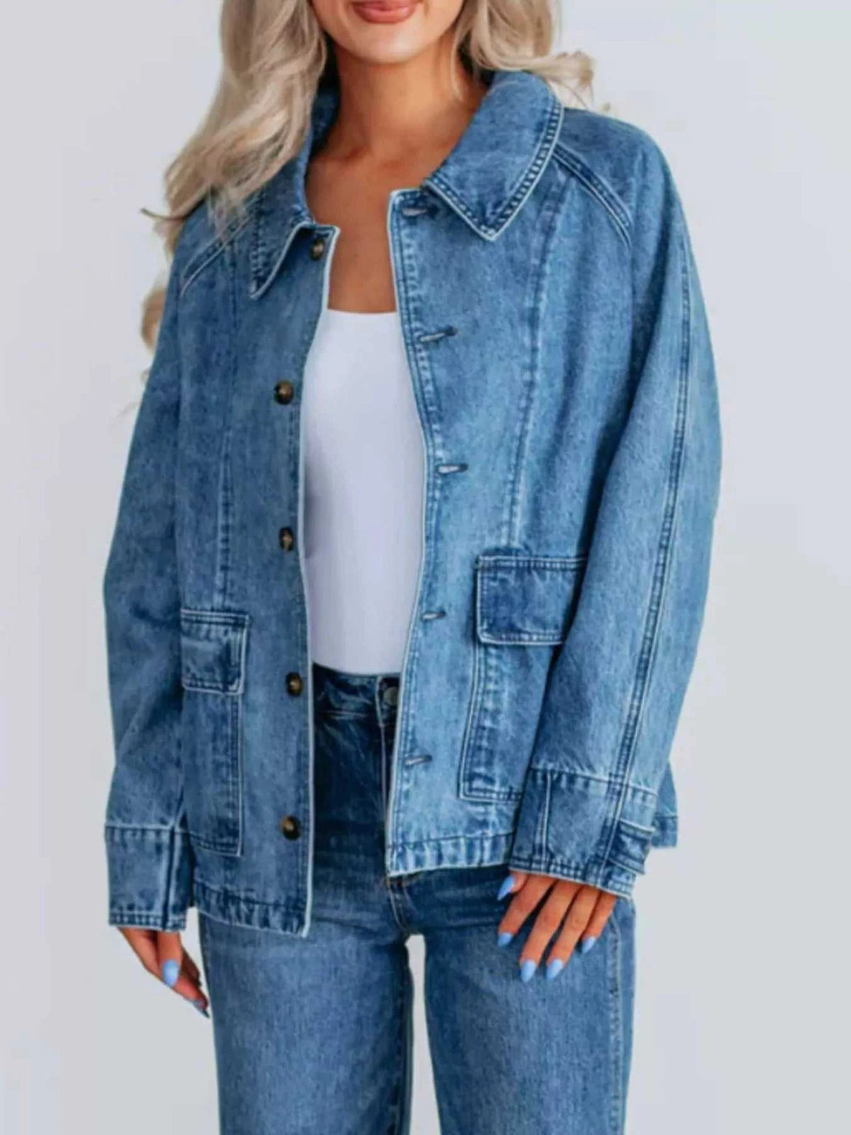Button Up Raglan Sleeve Denim Jacket 100100287427335 64 Affordable Fashion Under $100 Jerry's Apparel 
