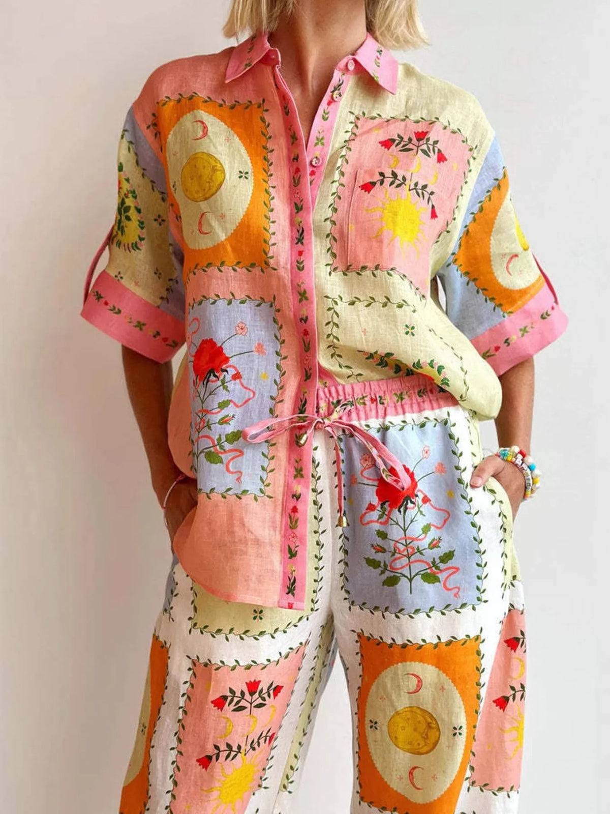 Printed Button Up Shirt and Pants Set