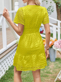 Eyelet Notched Short Sleeve Dress