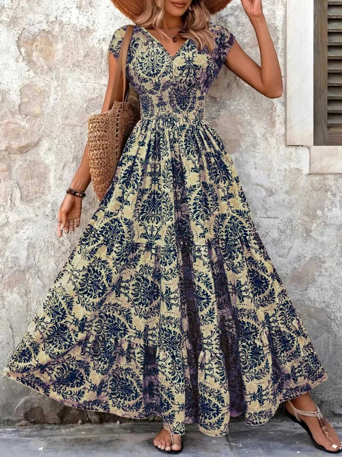 Full Size Printed V-Neck Tiered Maxi Dress Plus Size 100100096069770 30 Affordable Fashion Under $100 Jerry's Apparel 