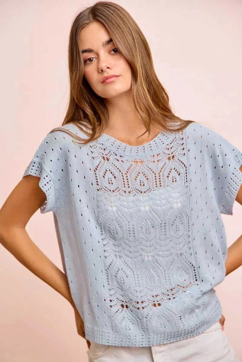 BiBi Washed Eyelet Short Sleeve Breathable Knit Top 100100212911752 43 Affordable Fashion Under $100 Jerry's Apparel 