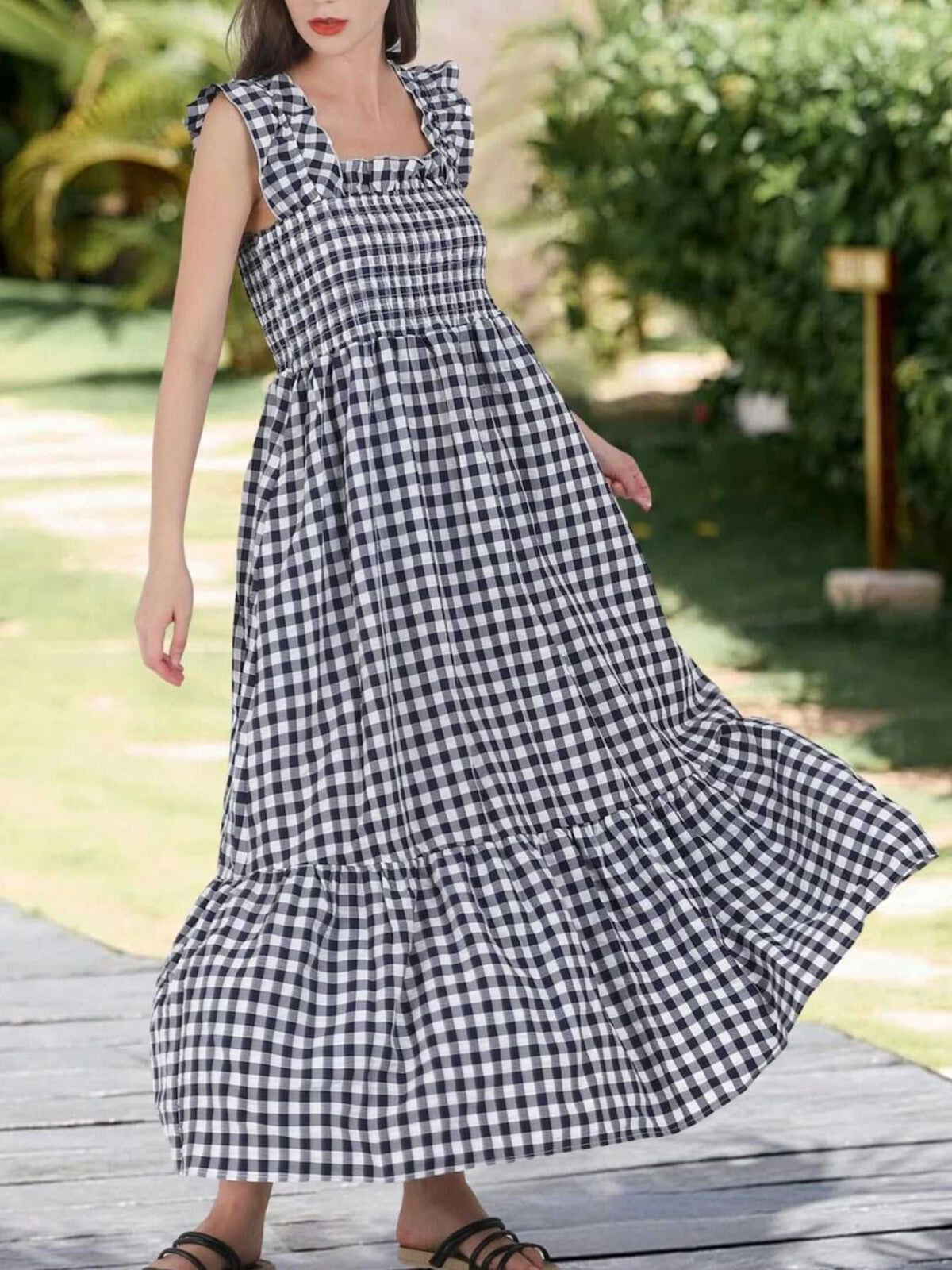 Ruffled Sleeveless Gingham Midi Dress 100100350034223 45 Affordable Fashion Under $100 Jerry's Apparel 