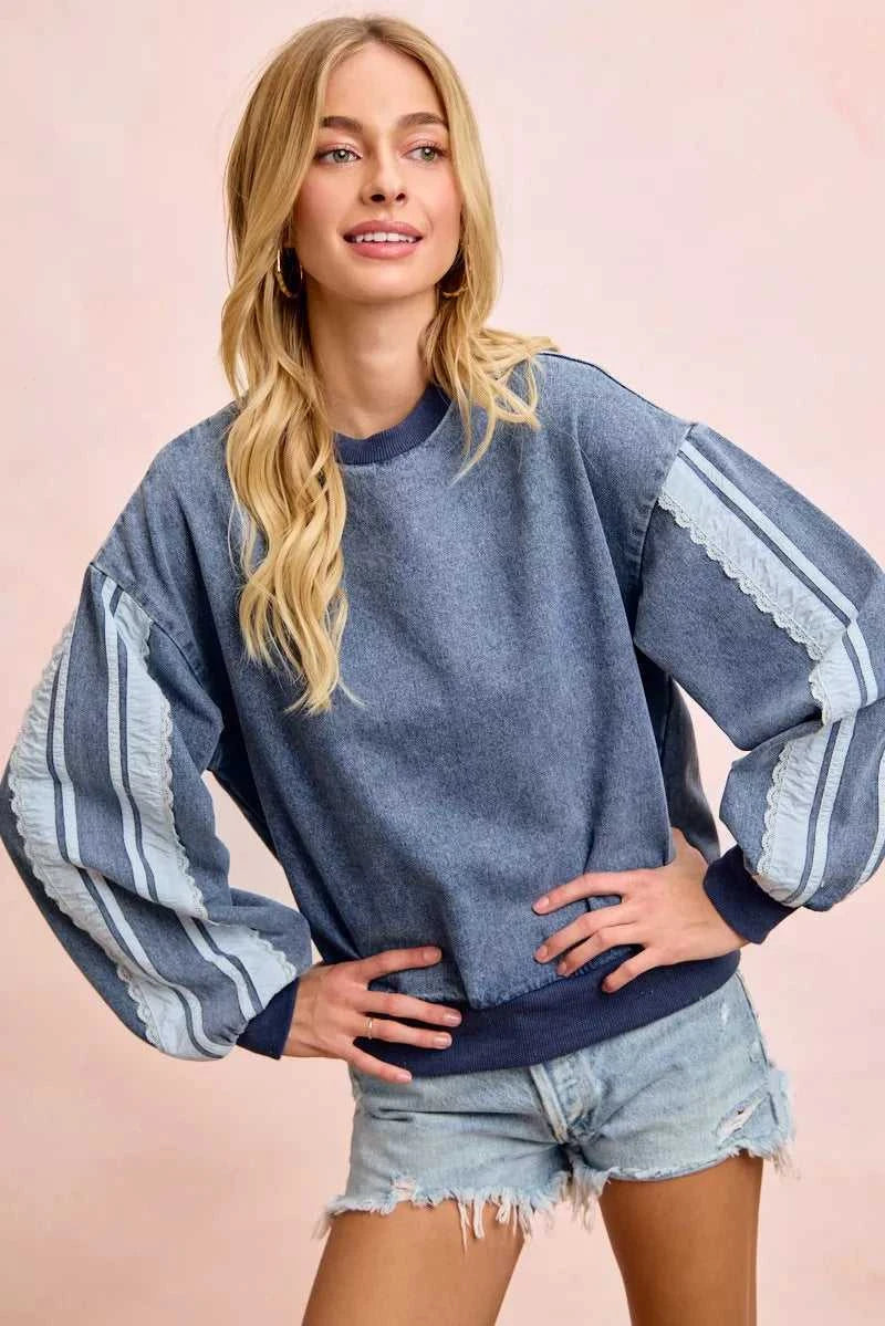 BiBi Washed Denim Lace Contrast Sided Sweatshirt 100100756531525 56 Affordable Fashion Under $100 Jerry's Apparel 