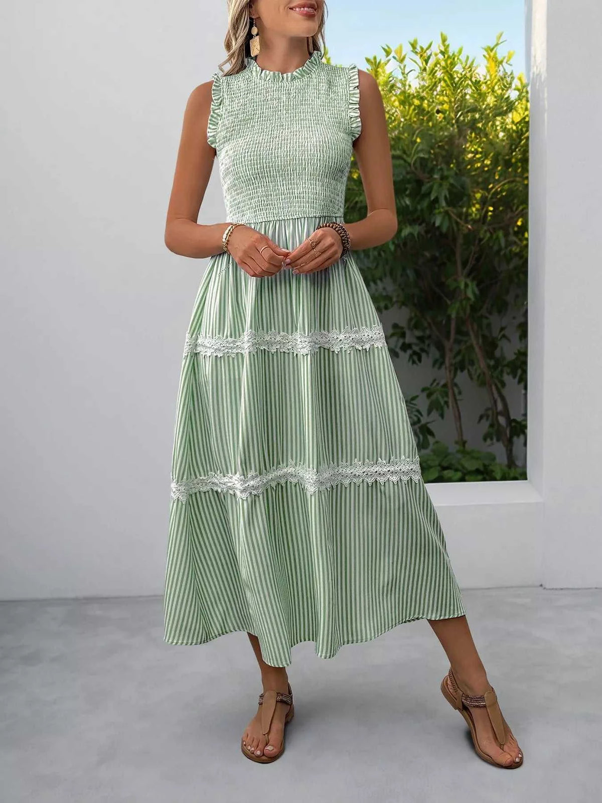 Smocked Striped Lace Trim Sleeveless Midi Dress 100100337606296 49 Affordable Fashion Under $100 Jerry's Apparel 