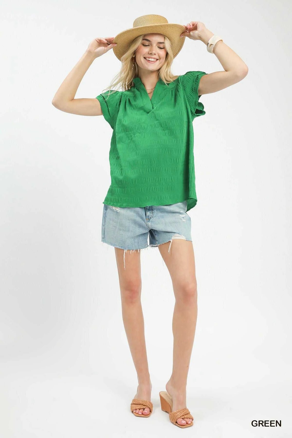 Umgee Textured Flutter Sleeve Split Neck Top 100100537651352 45 Affordable Fashion Under $100 Jerry's Apparel 