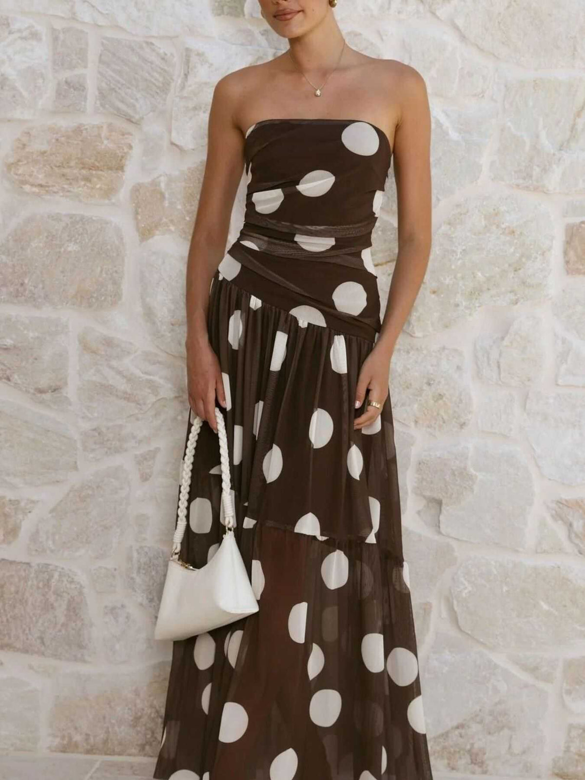 Polka Dot Strapless Ruched Maxi Dress 100100889786131 50 Affordable Fashion Under $100 Jerry's Apparel 