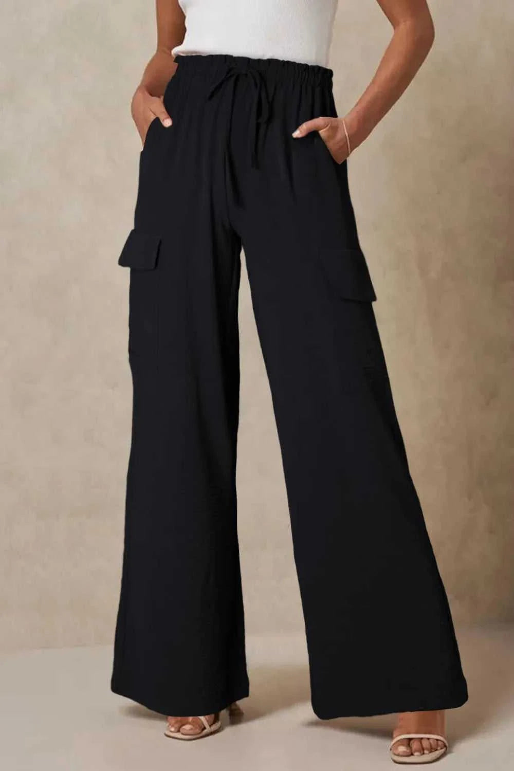 Drawstring Frilled Waist Wide Leg Utility Trousers 100100664290960 36 Affordable Fashion Under $100 Jerry's Apparel 
