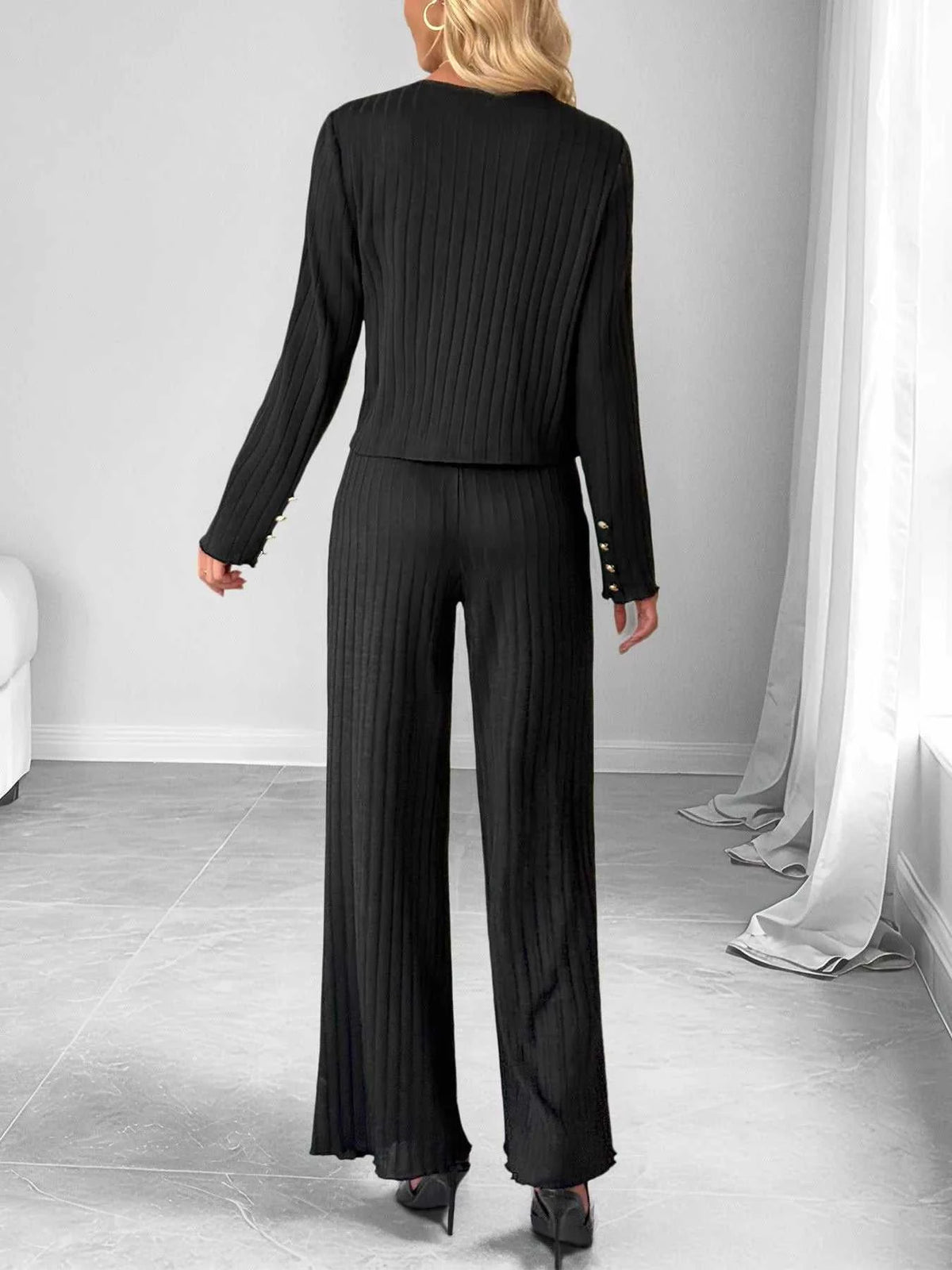 Ribbed Knit Cardigan & Wide Leg Pants Set 100100878127832 56 Affordable Fashion Under $100 Jerry's Apparel 
