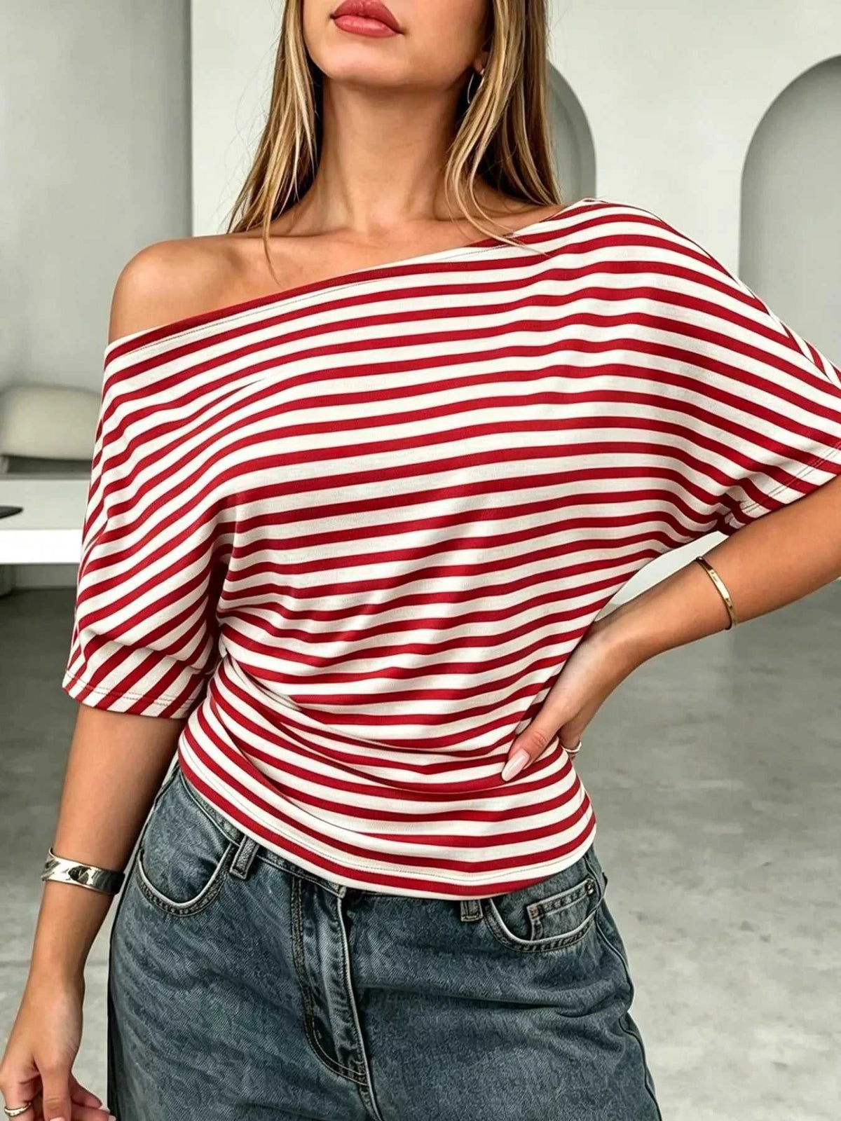 One Shoulder Striped Dolman Sleeve T-Shirt 100100582447121 35 Affordable Fashion Under $100 Jerry's Apparel 