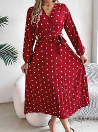 Tied Polka Dot Long Sleeve Midi Dress