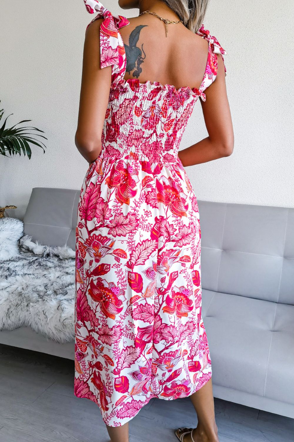 Floral Tie Shoulder Smocked Midi Dress