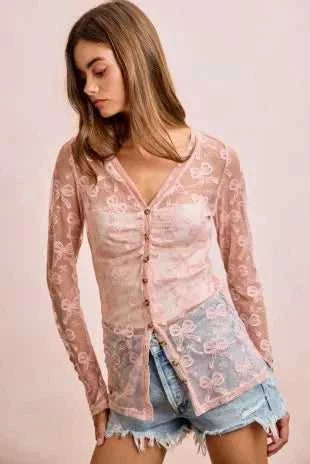 BiBi Bow Pattern Shrried V-neck Mesh Cardigan Top 100100638301325 44 Affordable Fashion Under $100 Jerry's Apparel 