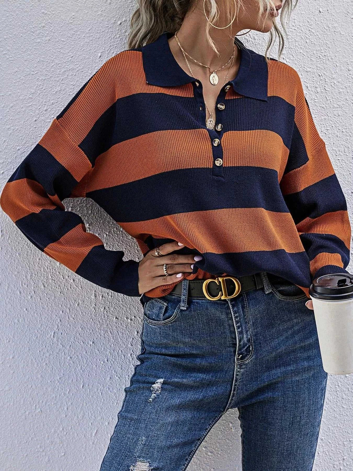 Striped Button Detail Dropped Shoulder Knit Top 100100126362479 34 Affordable Fashion Under $100 Jerry's Apparel 