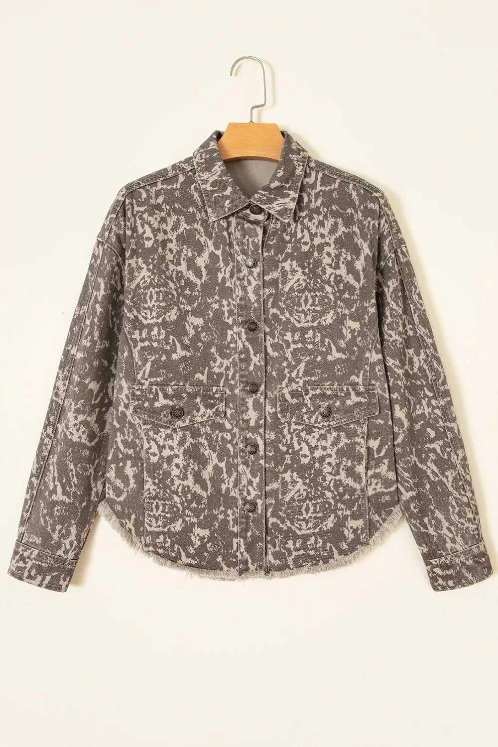 Abstract Print Long Sleeve Collar Raw Hem Denim Jacket 101003437845600 105 SYNZ Brand Collection Jerry's Apparel 