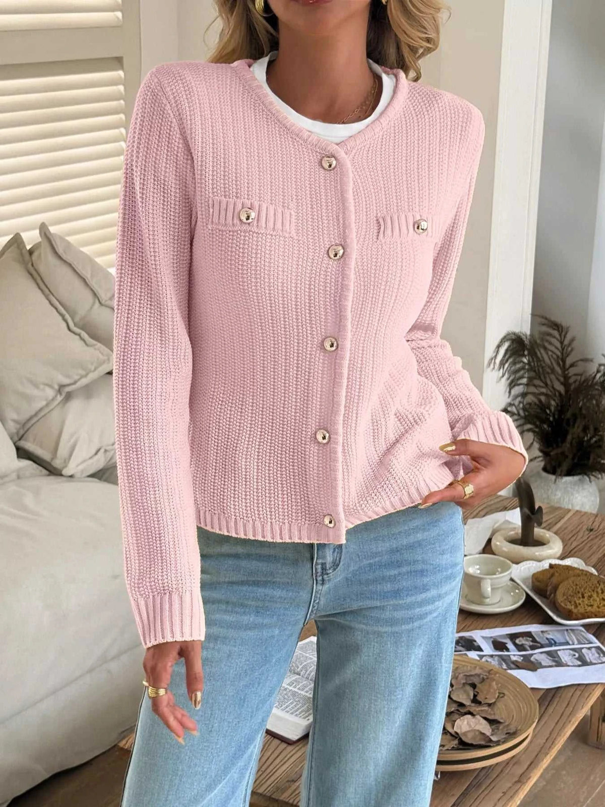 Button-Front Ribbed Long Sleeve Cardigan 100100873409689 56 Women's Sweaters and Knitwear Jerry's Apparel 