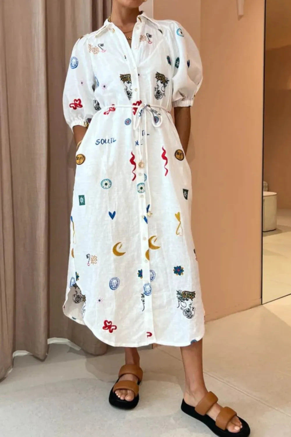 Printed Button-Up Midi Shirt Dress