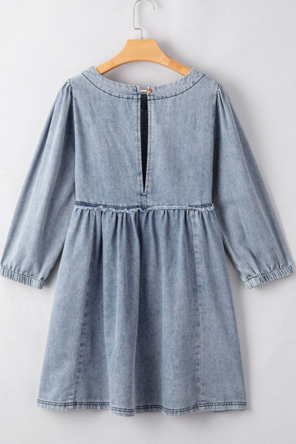 Cutout Round Neck Balloon Sleeve Denim Dress