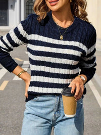 Striped Cable Knit Round Neck Sweater 100100499943508 42 Affordable Fashion Under $100 Jerry's Apparel 