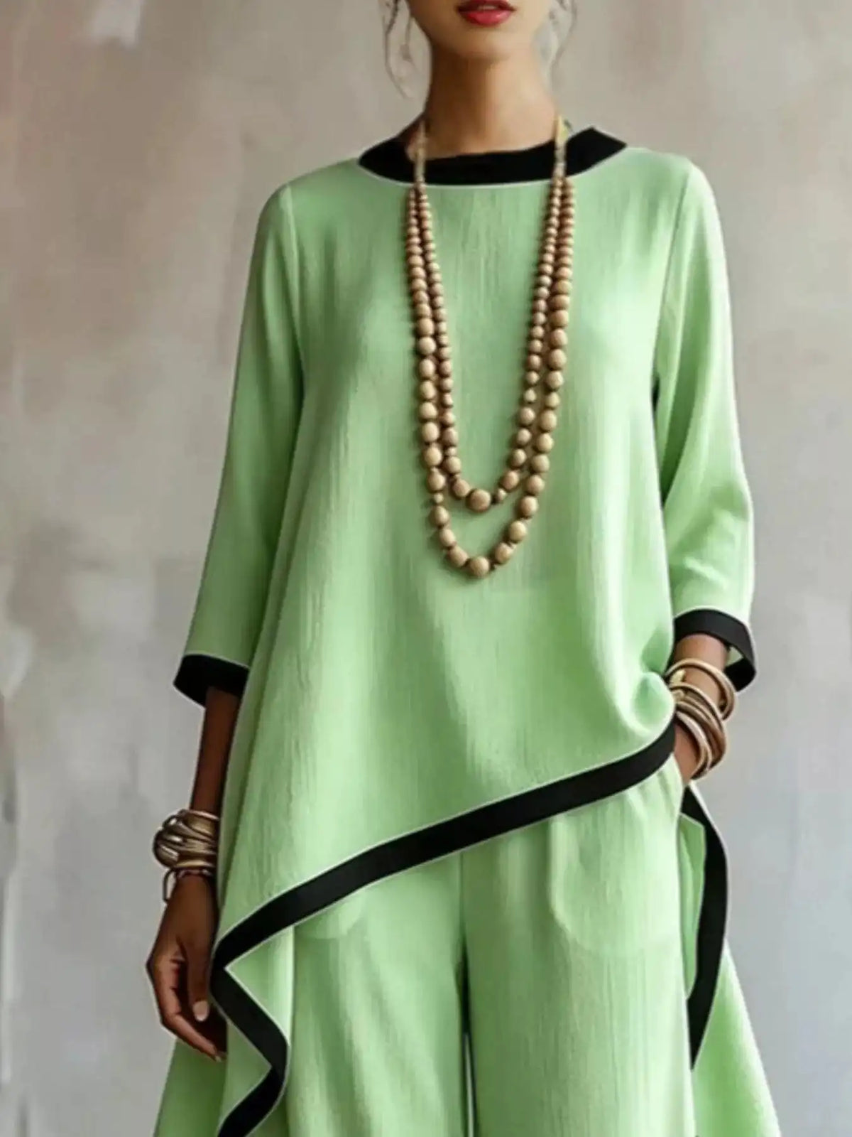 Full Size Contrast Trim High-Low Top and Pants Set Plus Size 101001695377847 67 Women's Pants Set Gifts for Her Jerry's Apparel 