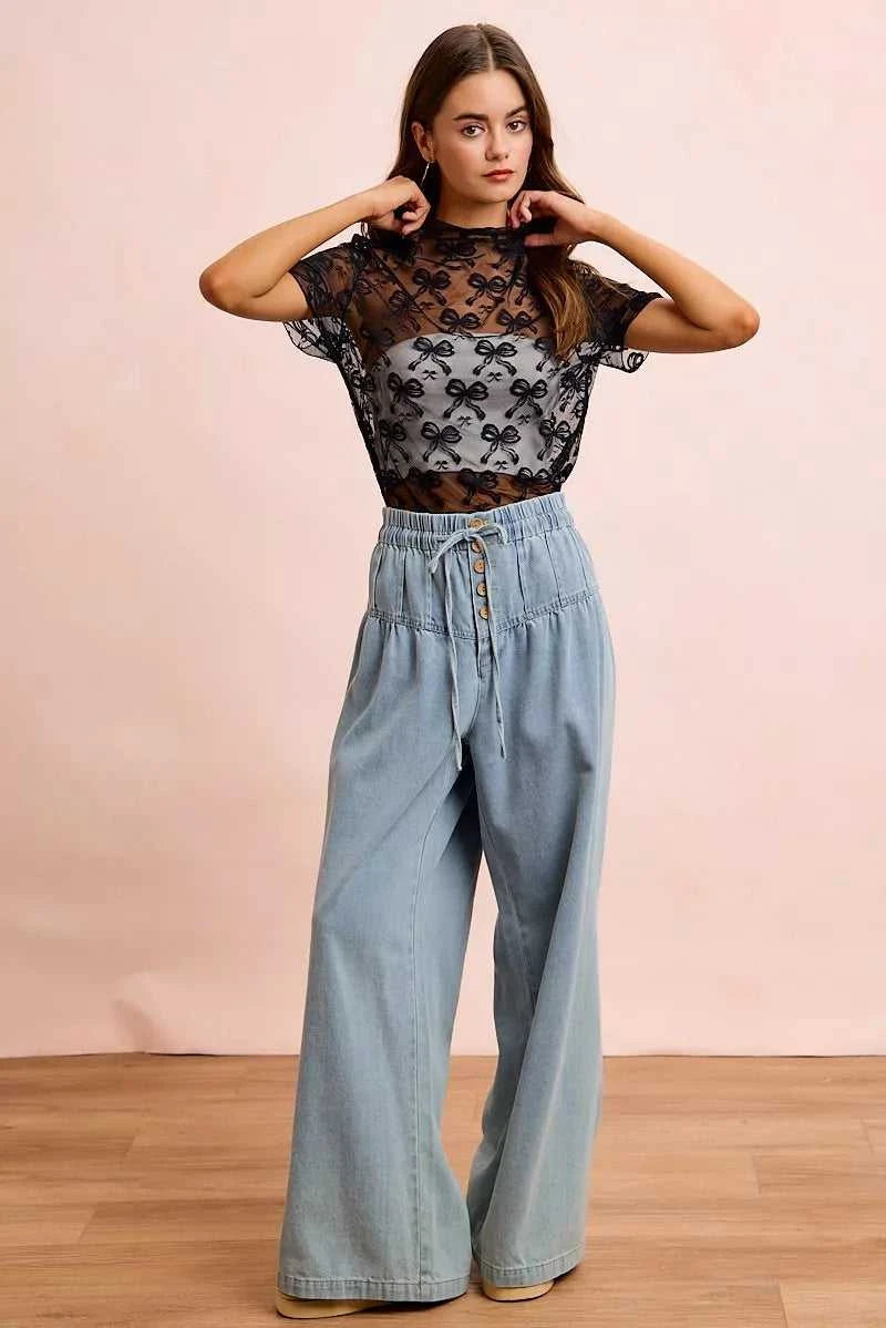 BiBi High Neckline Short Sleeves Bow Pattern Mesh Top 100100247341632 30 Affordable Fashion Under $100 Jerry's Apparel 