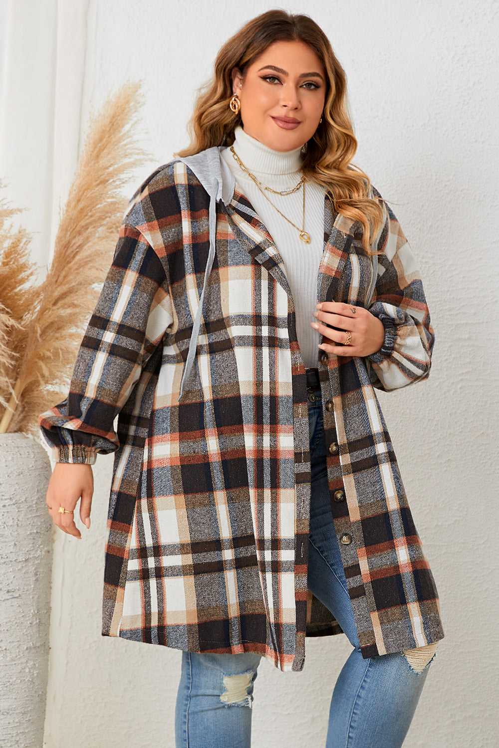 Honey Plus Size Plaid Drop Shoulder Hooded Coat 100100733937686 56 Affordable Fashion Under $100 Jerry's Apparel 