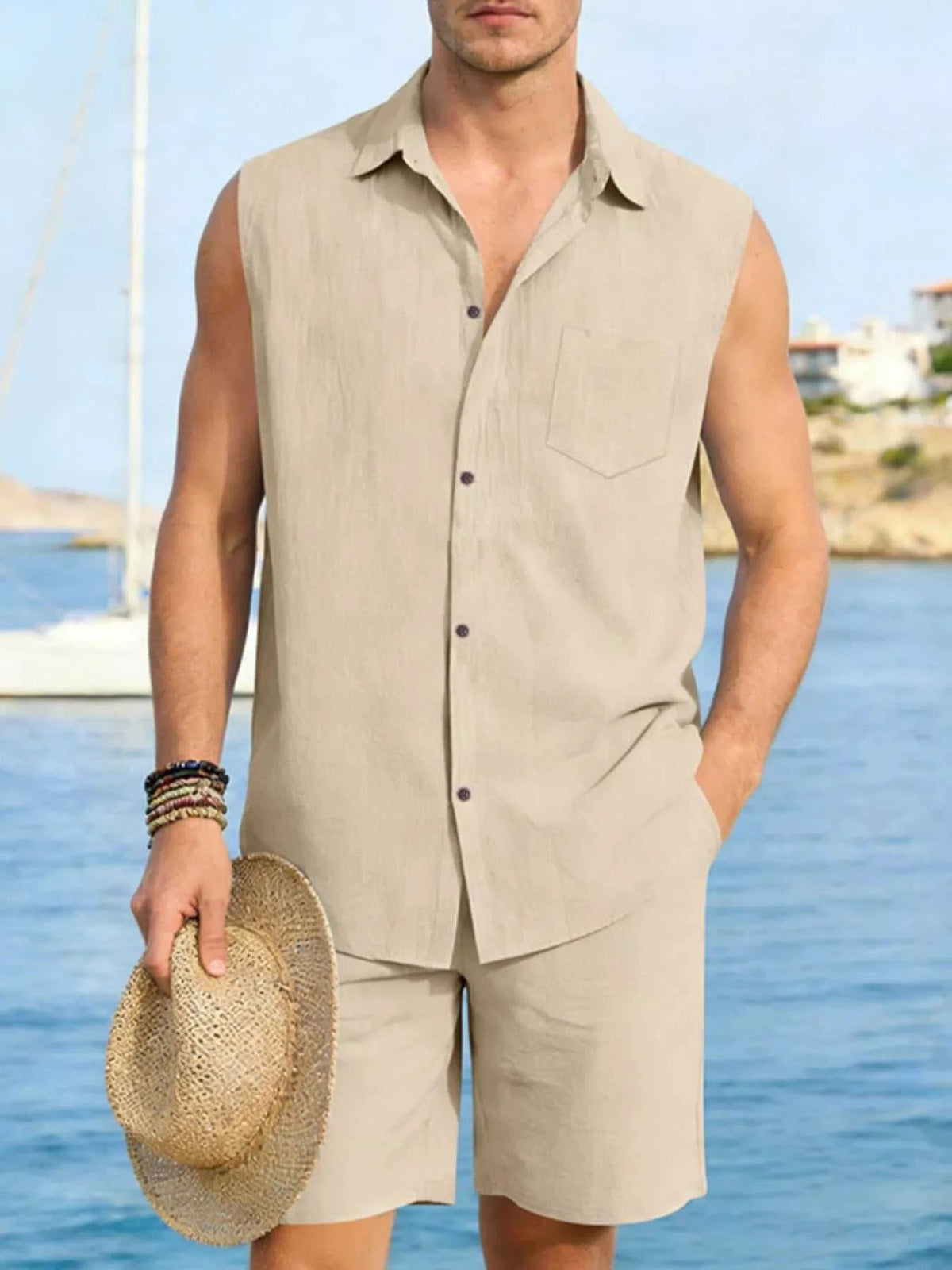 Men's Full Size Button Up Sleeveless Top and Shorts Plus Size 100400363418053 40 Men's Sets Jerry's Apparel 