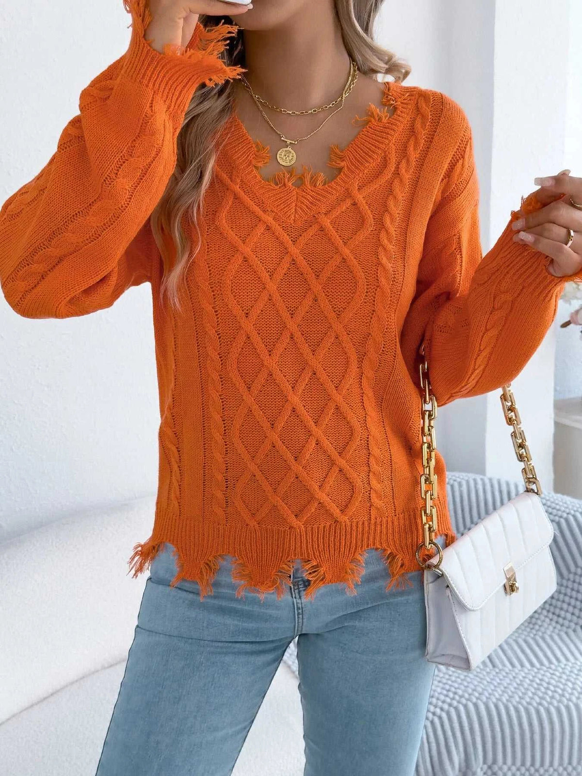 V-Neck Distressed Hem Cable Knit Sweater 101002745879602 36 Affordable Fashion Under $100 Jerry's Apparel 
