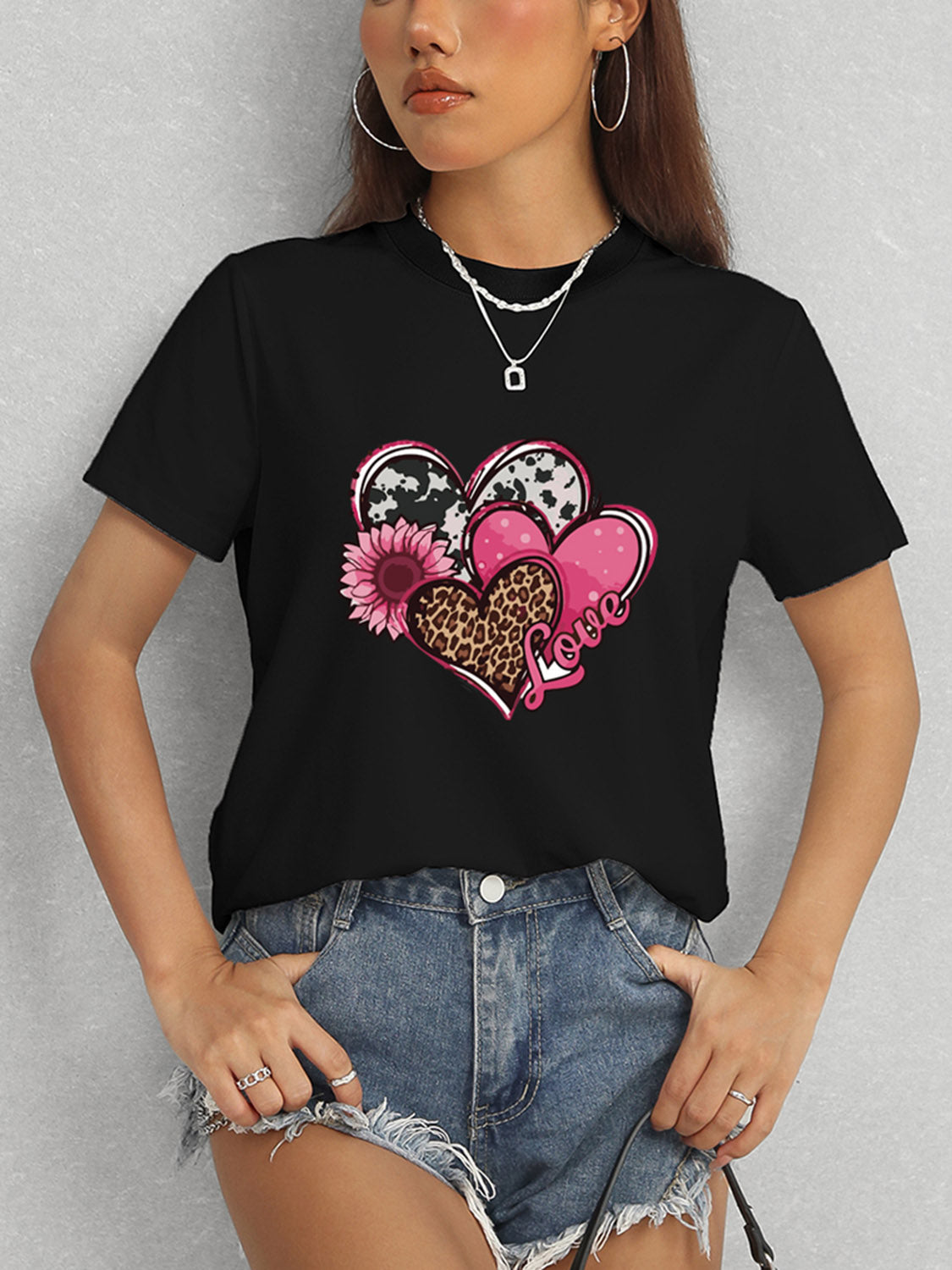 Heart Round Neck Short Sleeve T-Shirt