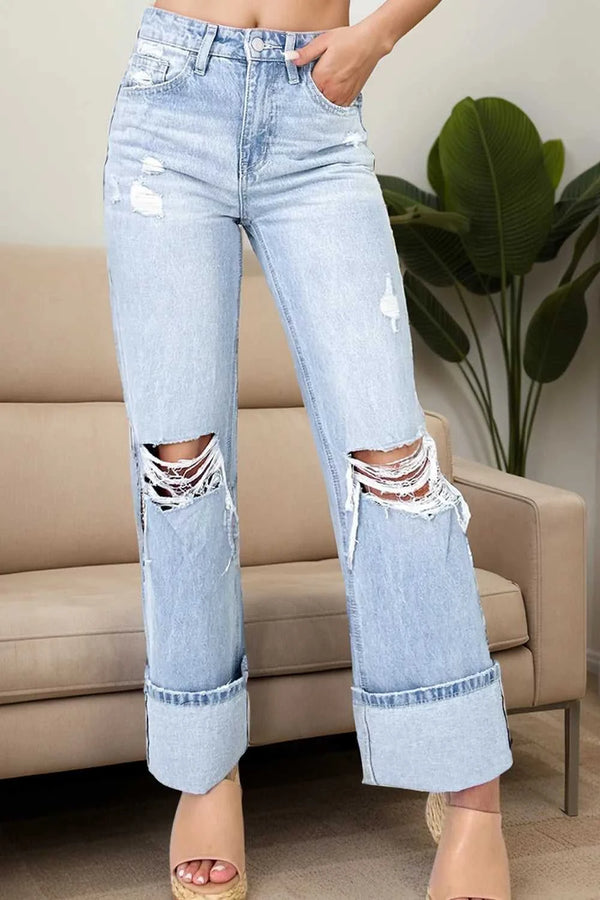 Distressed High Waist Jeans with Pockets 100100849321147 80 Seasonal Fashion Collections Jerry's Apparel 