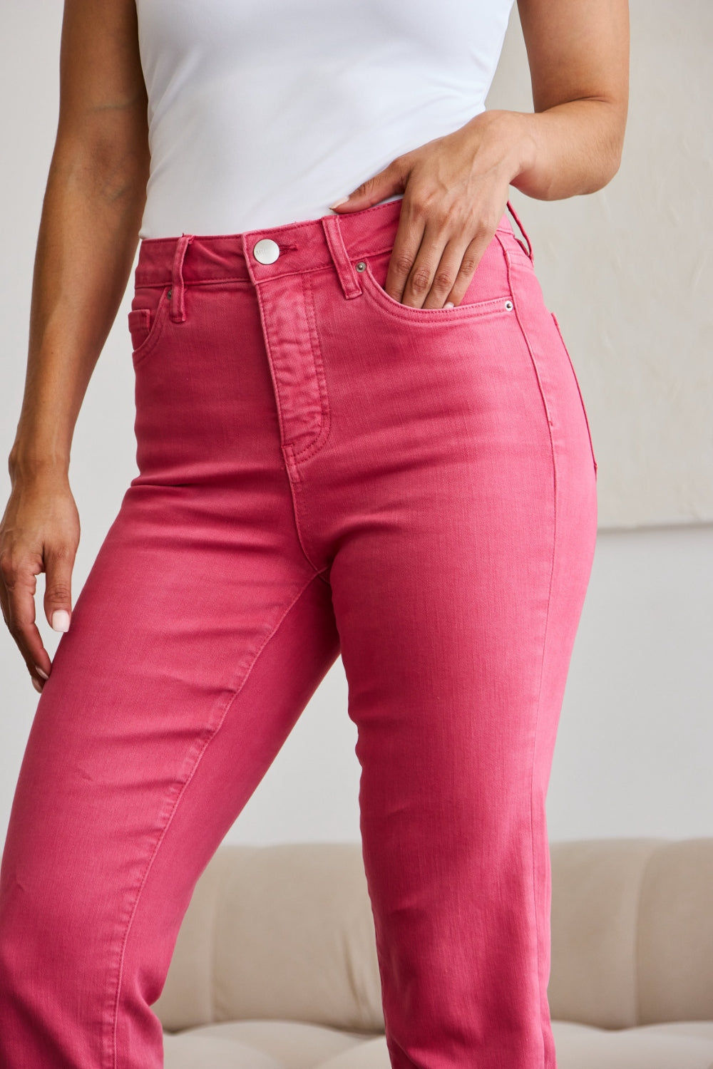 Full Size Tummy Control High Waist Raw Hem Jeans Sunkissed