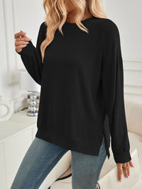 Slit Round Neck Long Sleeve Sweatshirt