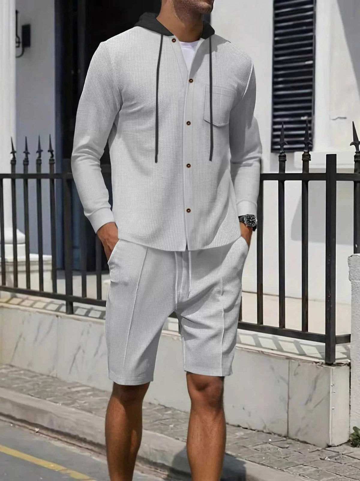 Men's Full Size Casual Hooded Button-Up Top and Shorts Set Plus Size 100400355175188 41 Affordable Fashion Under $100 Jerry's Apparel 