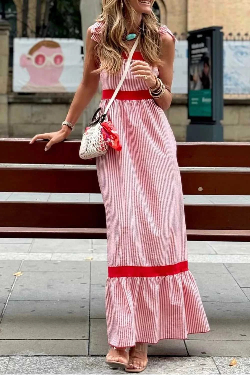 Stripe Bow Knot Straps Contrast Trim High Waist Ruffle Hem Maxi Dress 100100480806039 52 Gifts for Her Jerry's Apparel 